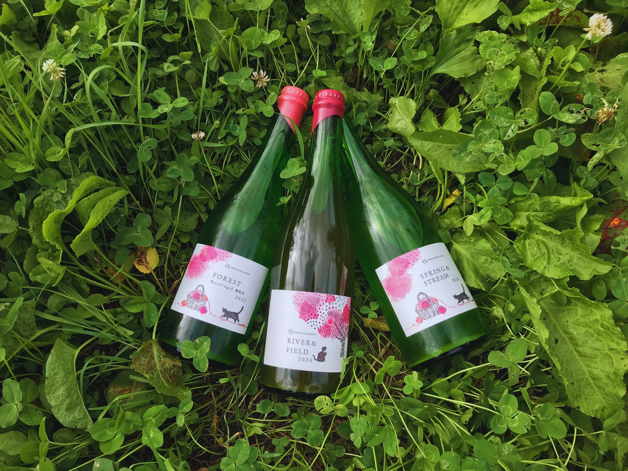 草の上に並ぶPink Orchardsのシードルボトル